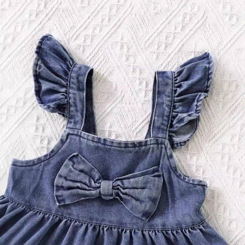 Letné nové módne dievčenské džínsové šaty s mašľou a skladaným cez rameno
