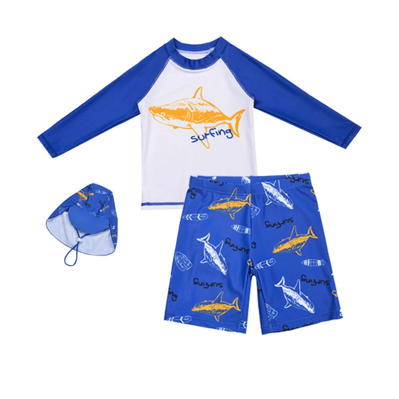 Chlapčenské plavky Shark Split 3-dielna súprava s ochranou proti slnku, surfový oblek, chlapčenské plavky, rýchloschnúce plavky