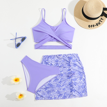 Nové dievčenské trojdielne plavky s kvetinovým vzorom z roku 2025, fialová, s rozparkom a cez okrajom, plavky pre veľké deti