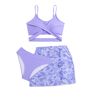 2025 Νέα φλοράλ μαγιό τριών τεμαχίων για κορίτσια Μωβ διασταυρούμενη φούστα Amazon με σχιστόλιθο, μαγιό για μεγάλα παιδιά