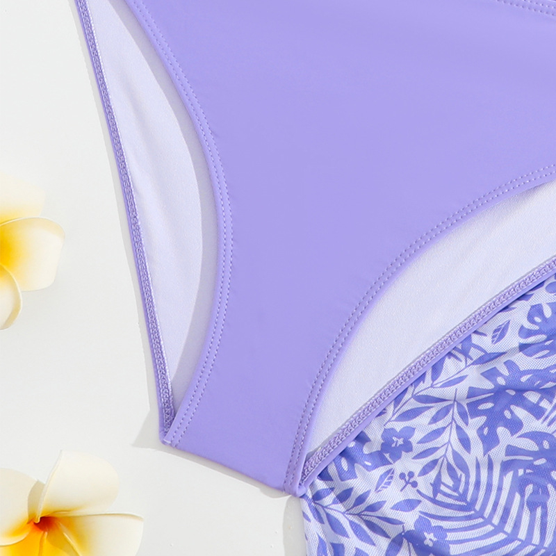Nové dievčenské trojdielne plavky s kvetinovým vzorom z roku 2025, fialová, s rozparkom a cez okrajom, plavky pre veľké deti