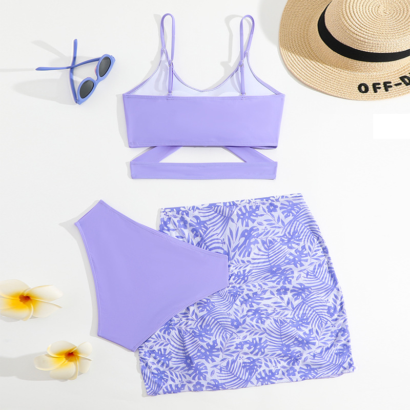 Nové dievčenské trojdielne plavky s kvetinovým vzorom z roku 2025, fialová, s rozparkom a cez okrajom, plavky pre veľké deti