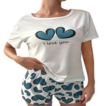 Populaarsed Xiyin Temu Amazon TK koduriietuse pidžaamad, naiste südamekujulised valged lühikeste varrukatega lühikesed püksid, laisk stiil