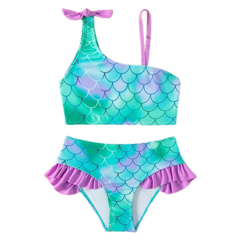 Tüdrukute kaldus õlaga kalasoomustega bikiinid 2025. aasta uus tüdrukute lõhestatud bikiinid laste ujumistrikoo