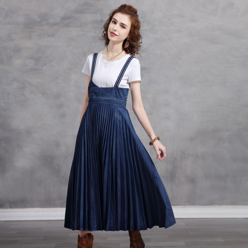 Džínsové šaty Petite s trakmi, ktoré znižujú vek, letné vintage skladané rozšírené ramienka, nové šaty A82291