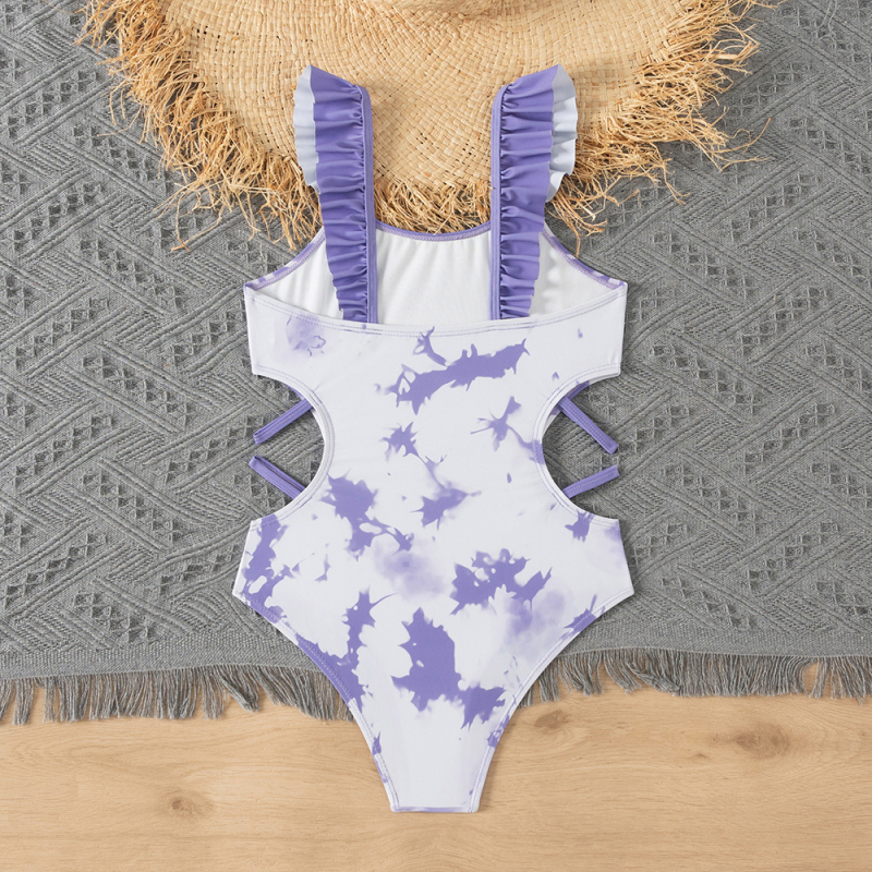 Europietiško ir amerikietiško stiliaus mergaičių vaikiškas maudymosi kostiumėlis su tuščiaviduriu šonu