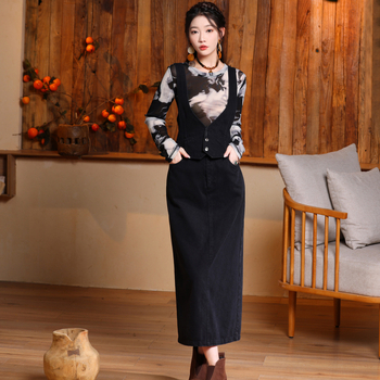 Jeseň/Zima 2025 Nové vintage džínsové šaty s trakmi, úzky strih, elegantné jednoduché šaty, základné šaty 82635