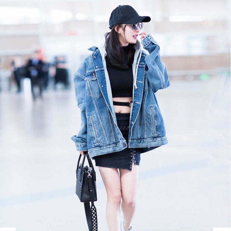 Mini Yang același stil denim jachetă femeii lejeră de lungime medie primăvară și toamnă jachetă cu glugă nouă la modă, all-match