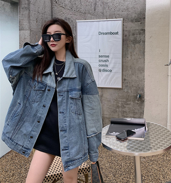 Dámska džínsová bunda s dlhým rukávom v elegantnom hongkonskom štýle, voľná, farebne zladená