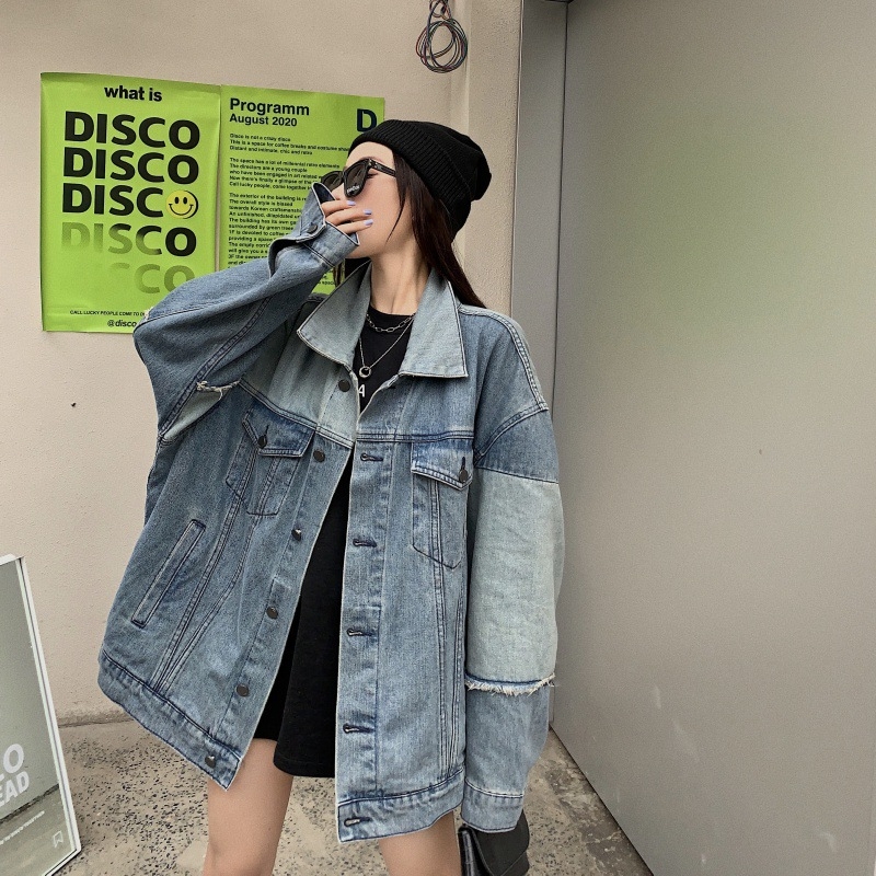 Dámska džínsová bunda s dlhým rukávom v elegantnom hongkonskom štýle, voľná, farebne zladená