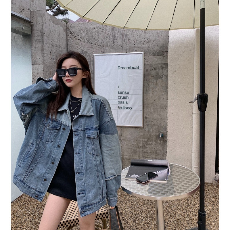 Dámska džínsová bunda s dlhým rukávom v elegantnom hongkonskom štýle, voľná, farebne zladená