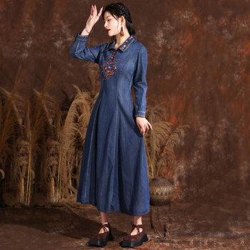 Elegantné zoštíhľujúce šaty s dlhým rukávom a klopou, jarné, nové, vintage, vyšívané, veľké, swingové, džínsové, 82557