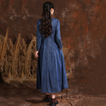 Elegantné zoštíhľujúce šaty s dlhým rukávom a klopou, jarné, nové, vintage, vyšívané, veľké, swingové, džínsové, 82557