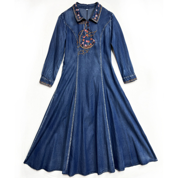 Elegantné zoštíhľujúce šaty s dlhým rukávom a klopou, jarné, nové, vintage, vyšívané, veľké, swingové, džínsové, 82557