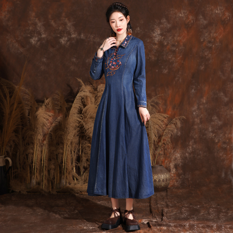 Elegantné zoštíhľujúce šaty s dlhým rukávom a klopou, jarné, nové, vintage, vyšívané, veľké, swingové, džínsové, 82557