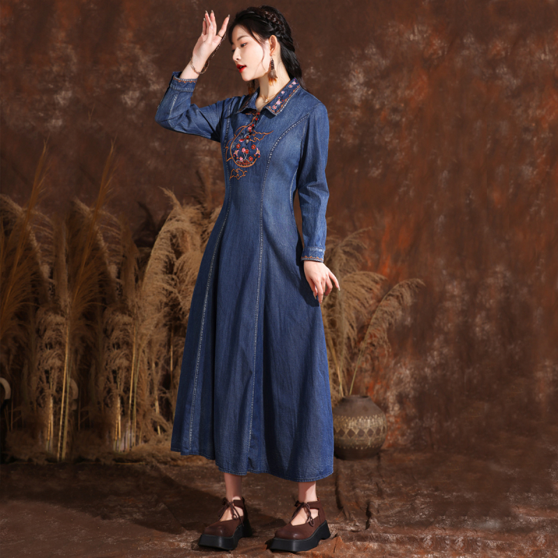 Elegantné zoštíhľujúce šaty s dlhým rukávom a klopou, jarné, nové, vintage, vyšívané, veľké, swingové, džínsové, 82557