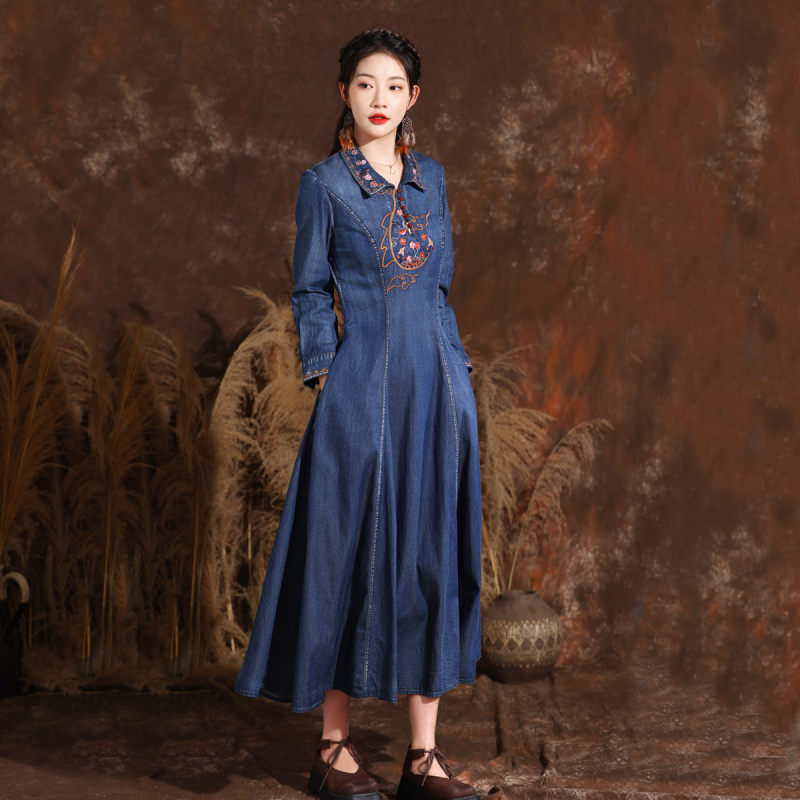 Elegantné zoštíhľujúce šaty s dlhým rukávom a klopou, jarné, nové, vintage, vyšívané, veľké, swingové, džínsové, 82557