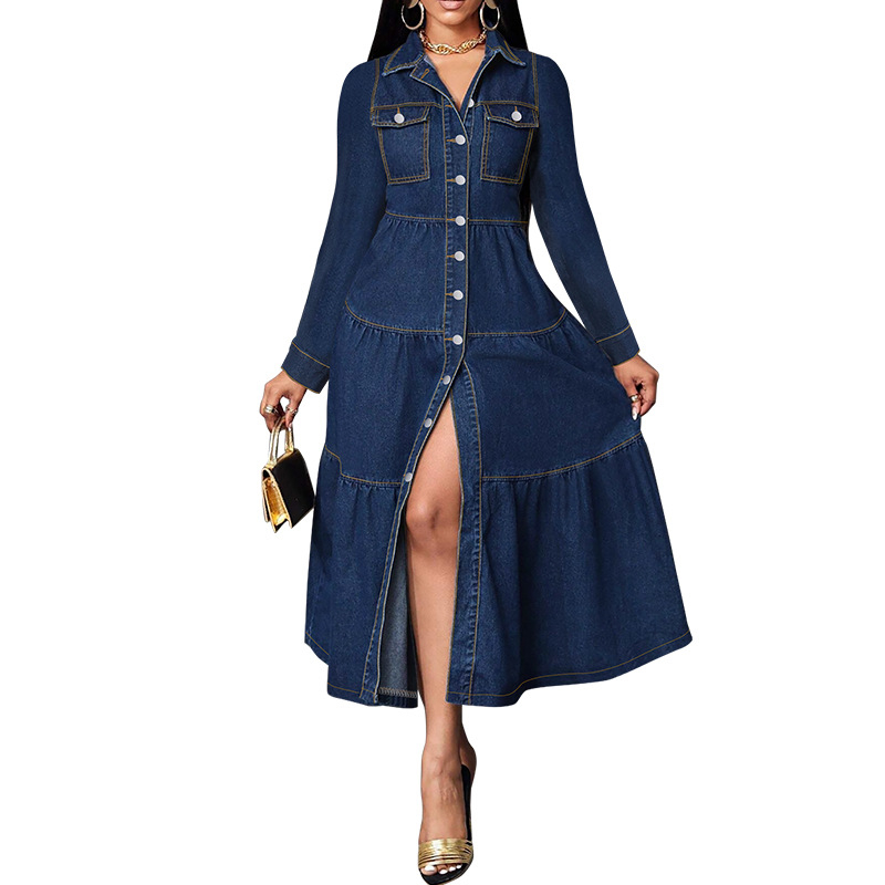 F218620 cezhraničné európske a americké výbuchy jednoduchý elegantný kardigan s dlhým rukávom dlhé džínsové šaty priamy predaj z továrne