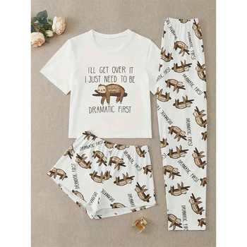 Naiste kevad- ja sügispidžaamaülikond armas laiskmustriga ümara kaelusega vabaaja lühikeste varrukatega püksid ja lühikesed püksid, kolmeosaline komplekt