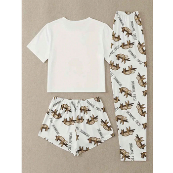 Naiste kevad- ja sügispidžaamaülikond armas laiskmustriga ümara kaelusega vabaaja lühikeste varrukatega püksid ja lühikesed püksid, kolmeosaline komplekt