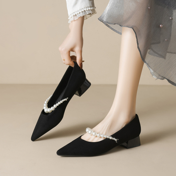 Dámske topánky Weiwei Girl 5153-3 s francúzskym špicatým podpätkom, perleťové, plytké, semišové, s hrubým podpätkom, topánky Mary Jane