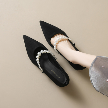 Dámske topánky Weiwei Girl 5153-3 s francúzskym špicatým podpätkom, perleťové, plytké, semišové, s hrubým podpätkom, topánky Mary Jane