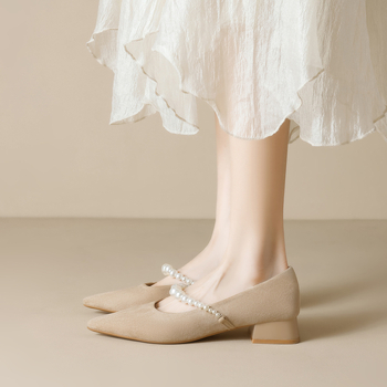 Dámske topánky Weiwei Girl 5153-3 s francúzskym špicatým podpätkom, perleťové, plytké, semišové, s hrubým podpätkom, topánky Mary Jane