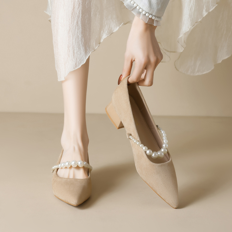 Dámske topánky Weiwei Girl 5153-3 s francúzskym špicatým podpätkom, perleťové, plytké, semišové, s hrubým podpätkom, topánky Mary Jane