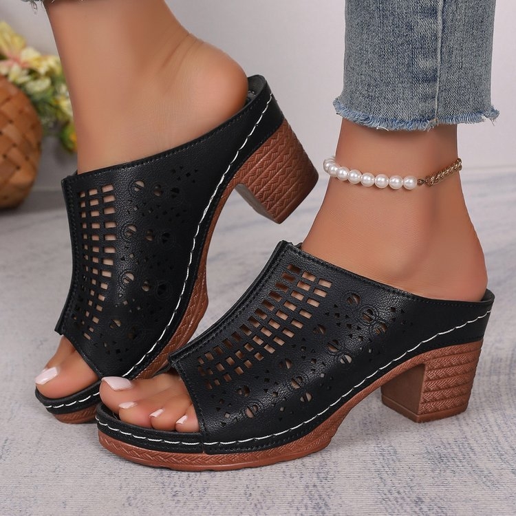 Temu Potlačené duté sandále so stredným podpätkom, zvýšené opätky v európskom a americkom štýle s rybími ústami, plážové sandále, letný nový príchod 2025, Sway topánky na sklade