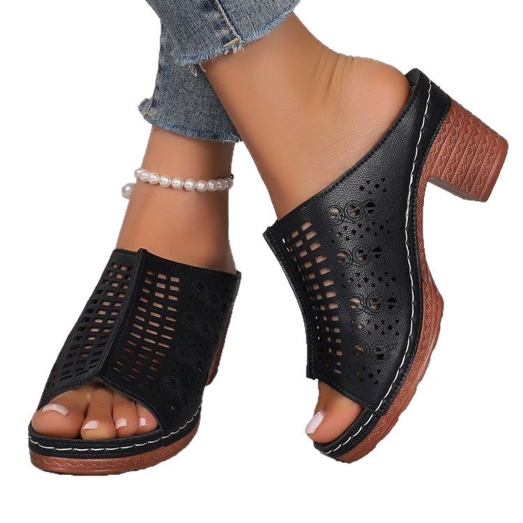 Temu Potlačené duté sandále so stredným podpätkom, zvýšené opätky v európskom a americkom štýle s rybími ústami, plážové sandále, letný nový príchod 2025, Sway topánky na sklade