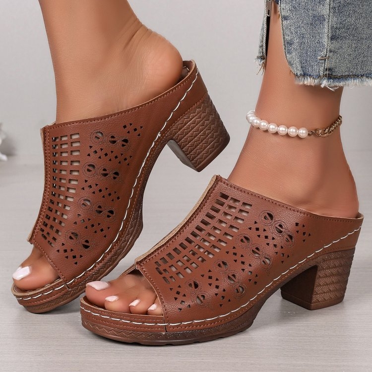 Temu Potlačené duté sandále so stredným podpätkom, zvýšené opätky v európskom a americkom štýle s rybími ústami, plážové sandále, letný nový príchod 2025, Sway topánky na sklade