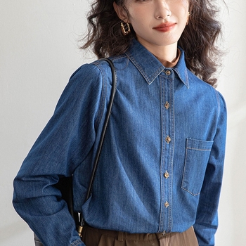 Dámske džínsové tričko v tmavomodrej retro štýle v hongkonskom štýle s ramenami, spodky, nové, jeseň a zima 2023, malý mäkký top