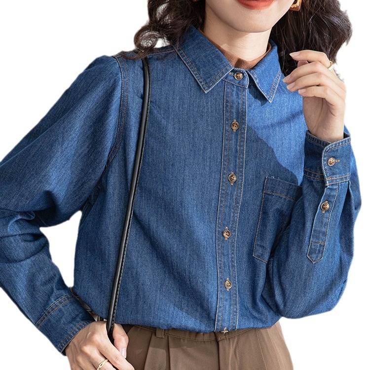 Dámske džínsové tričko v tmavomodrej retro štýle v hongkonskom štýle s ramenami, spodky, nové, jeseň a zima 2023, malý mäkký top