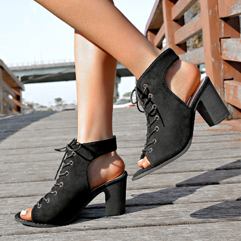 Διασυνοριακά Σανδάλια Εξωτερικού Εμπορίου για μεγάλα μεγέθη, Γυναικεία Ψηλοτάκουνα Παπούτσια Καλοκαιρινά 2025, Χοντρό τακούνι, Ψαρόψαρο, Ανοιχτά Δάχτυλα, Ρωμαϊκά Σανδάλια με Δέσιμο στο Μπροστά