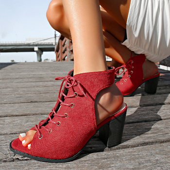 Διασυνοριακά Σανδάλια Εξωτερικού Εμπορίου για μεγάλα μεγέθη, Γυναικεία Ψηλοτάκουνα Παπούτσια Καλοκαιρινά 2025, Χοντρό τακούνι, Ψαρόψαρο, Ανοιχτά Δάχτυλα, Ρωμαϊκά Σανδάλια με Δέσιμο στο Μπροστά