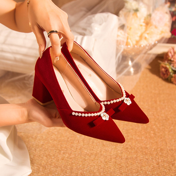 Dámske vysoké podpätky, jar a jeseň 2024, nový kórejský štýl, módna mašľa, špicatý hrubý podpätok, svadobné šaty Wo Xiu