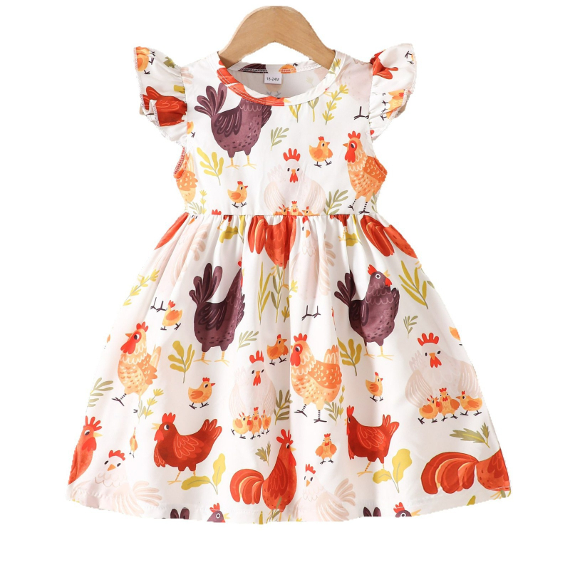 Tüdrukute suvekleit Euroopa ja Ameerika stiilis täisprindiga kanaprindiga väikeste lendava varrukaga kleit moodne laste seelik ülerõivasteks