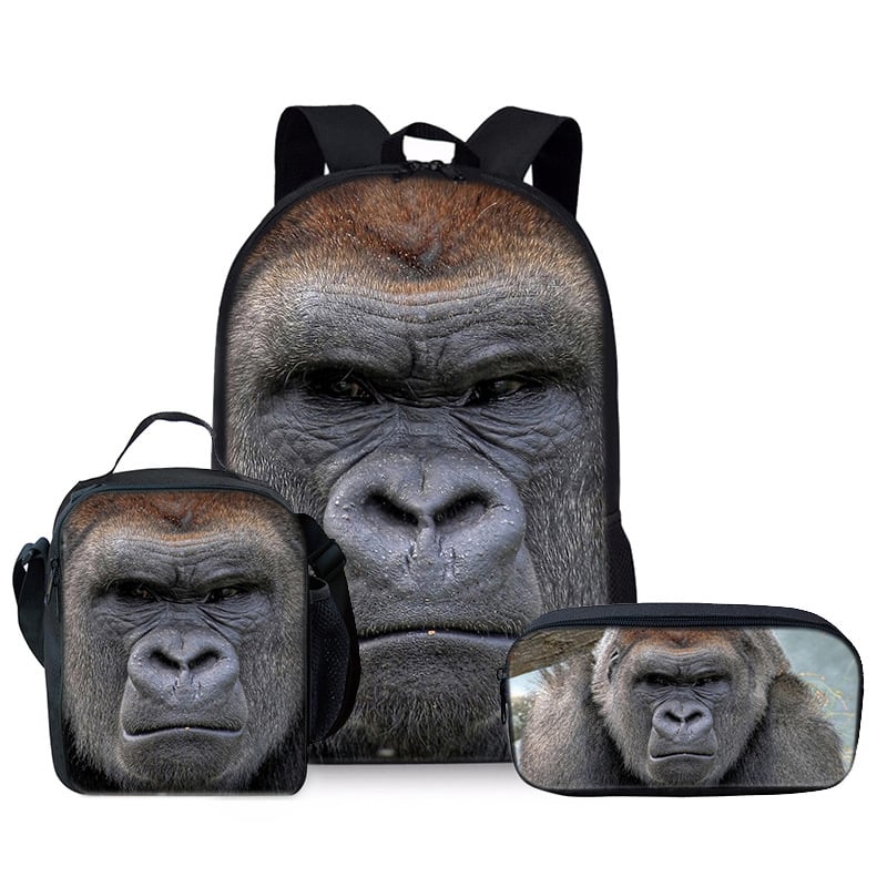Gorilla mugursoma, trīsdaļīga, pašdarināta, apdrukāta pamatskolas skolēnu mugursoma, ēdienu soma, zīmuļu soma