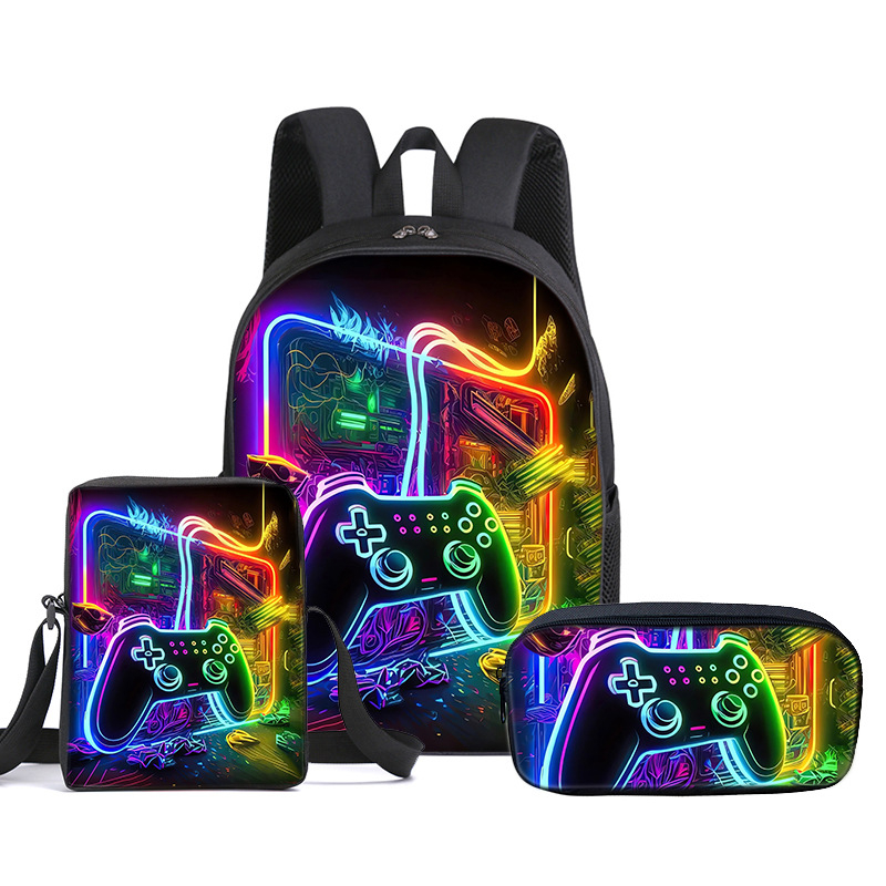 Mängukäepidemega algkooliõpilase seljakott kolmeosaline isetegemise trükitud seljakoti söögikott pliiatsiümbris