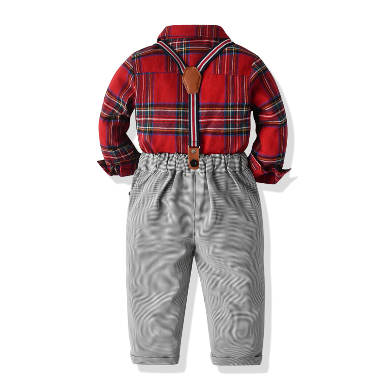 Jarné a jesenné detské oblečenie, nové chlapčenské oblečenie s golierom, dlhým rukávom, kockovanou košeľou a ramienkami, detskou viacdielnou súpravou gentlemanských spoločenských šiat.