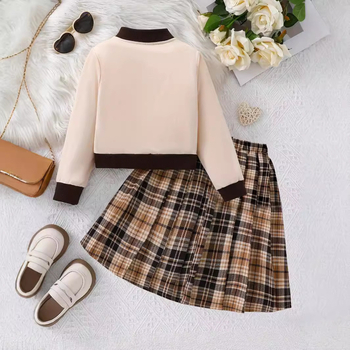 Tüdrukute sügis-talvine pesapalliülikond, mantel, volditud ruuduline seelik, armas karu tikitud ruuduline seelik, laste kaheosaline ülikond