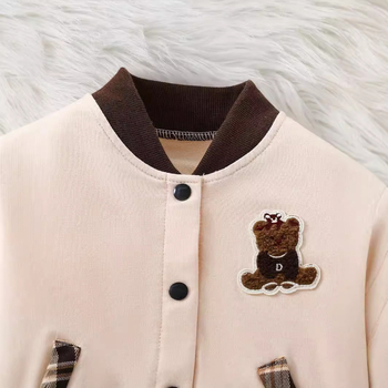 Tüdrukute sügis-talvine pesapalliülikond, mantel, volditud ruuduline seelik, armas karu tikitud ruuduline seelik, laste kaheosaline ülikond