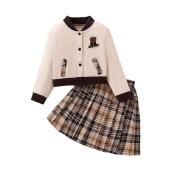 Tüdrukute sügis-talvine pesapalliülikond, mantel, volditud ruuduline seelik, armas karu tikitud ruuduline seelik, laste kaheosaline ülikond