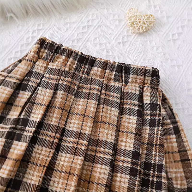 Tüdrukute sügis-talvine pesapalliülikond, mantel, volditud ruuduline seelik, armas karu tikitud ruuduline seelik, laste kaheosaline ülikond