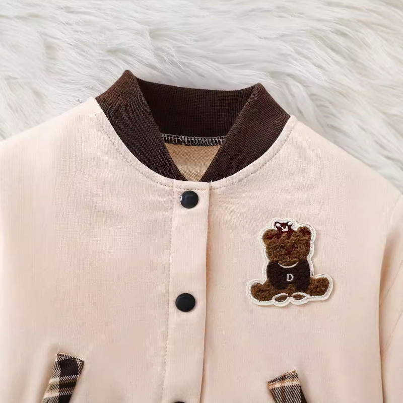 Tüdrukute sügis-talvine pesapalliülikond, mantel, volditud ruuduline seelik, armas karu tikitud ruuduline seelik, laste kaheosaline ülikond