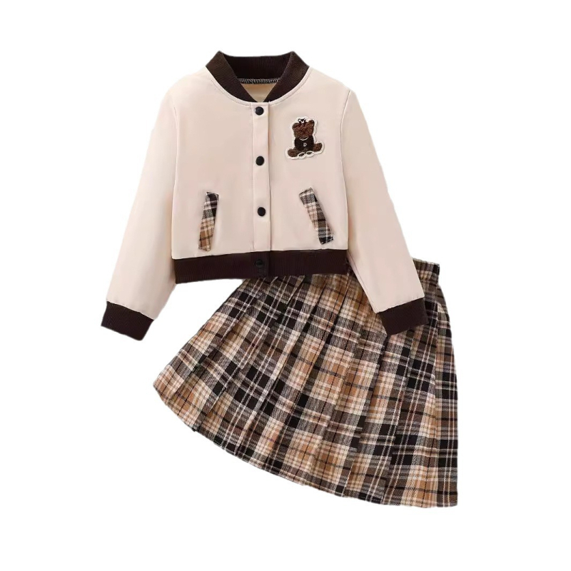 Tüdrukute sügis-talvine pesapalliülikond, mantel, volditud ruuduline seelik, armas karu tikitud ruuduline seelik, laste kaheosaline ülikond