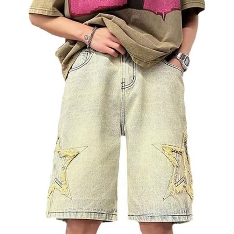 Vyriški vasariniai amerikietiško stiliaus džinsiniai šortai, penkiakampės laisvos kelnės, madingi firminiai šortai
