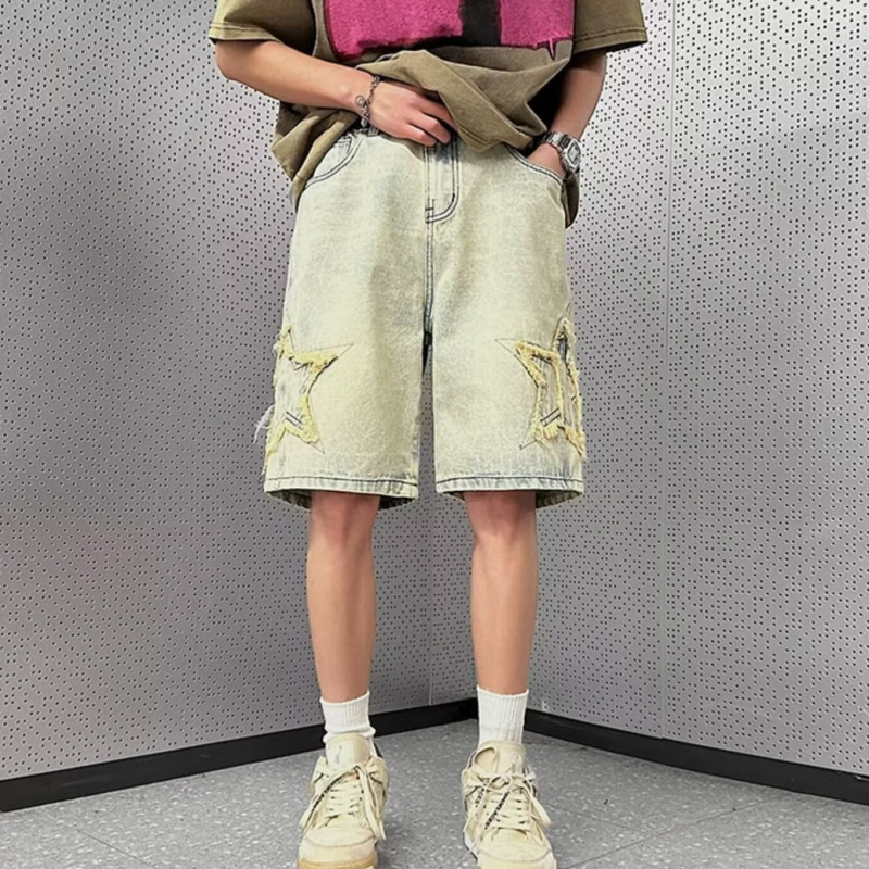 Vyriški vasariniai amerikietiško stiliaus džinsiniai šortai, penkiakampės laisvos kelnės, madingi firminiai šortai