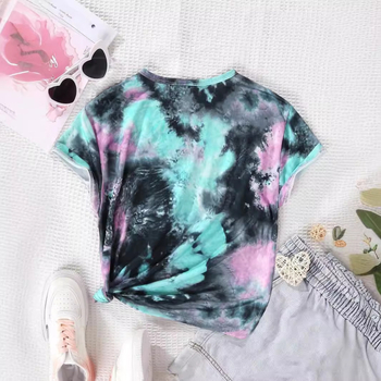 Момичешка свободна тениска с европейски и американски щампи с тай-дай принт, къс ръкав, ежедневна, елегантна, еднокомпонентна, дропшипинг, износ в чужбина, момичешко облекло