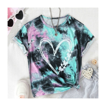 Момичешка свободна тениска с европейски и американски щампи с тай-дай принт, къс ръкав, ежедневна, елегантна, еднокомпонентна, дропшипинг, износ в чужбина, момичешко облекло